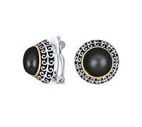 Boucles D'Oreilles À Clip Style Bouton En Dôme Simulé En Onyx Noir À Deux Tons De Style Bali Pour Femmes Sans Perçage D'Oreille En Argent Plaqué Or