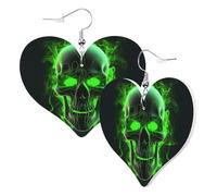 Boucles d'oreilles à crochet en cuir en forme de cœur - Boucles d'oreilles pendantes - Vert flamme verte - Tête de mort - Impression double face - Accessoires pour femmes, filles ou amoureuses