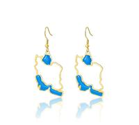 Boucles d'oreilles à crochet en forme de carte de l'Iran avec contour creux de la mer Caspienne bleue et golfe Persique