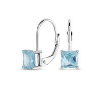 Boucles D'Oreilles À Levier En Argent Sterling .925 Avec Un Solitaire En Zircone Cubique Bleu Aqua Taille Princesse Pour Femme, Classique Et Idéal Pour Les Mariages.