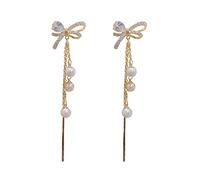 Boucles d'oreilles à pampilles longues en perles de nœud papillon en zircon micro incrusté pour femmes, boucles d'oreilles à aiguilles en argent s925