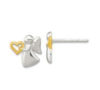 Boucles d'oreilles à tige en argent sterling 925 avec ange gardien religieux doré en forme de cœur poli 9,44 x 9,32 mm de large pour femme