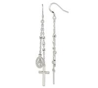 Boucles d'oreilles à tige en argent sterling 925 poli avec médaille miraculeuse et croix religieuse 79,8 mm de long pour femme