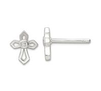 Boucles d'oreilles à tige en argent sterling 925 poli avec zircone cubique imitation diamant passion religieuse croix 8,72 x 7,5 mm de large pour femme
