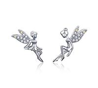 Boucles d'oreilles à tige en forme de fée CZ pour femmes filles en argent sterling S925 plaqué or blanc 18 carats asymétrique avec zircones cubiques bicolores en forme de clochette angulaire