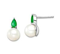 Boucles d'oreilles à tige en or blanc 14 carats avec perles de culture d'eau douce et émeraude de 7 mm de large 12,35 x 7 mm de large pour femme