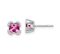 Boucles d'oreilles à tige en or blanc 14 carats avec saphir rose et diamant 6,9 x 6,9 mm de large pour femme