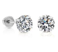 Boucles d'oreilles à tige en or blanc 14 carats avec solitaire en oxyde de zirconium et fermoir à vis sécurisé, Pierre en or blanc et oxyde de zirconium, Zircone cubique