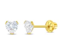 Boucles d'oreilles à tige en or jaune 14 carats avec petit cœur en oxyde de zirconium de 5 mm pour bébés filles, tout-petits et jeunes filles - Boucles d'oreilles à tige en forme de cœur en oxyde de