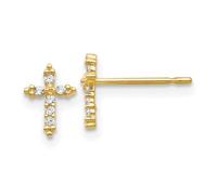Boucles d'oreilles à tige en or jaune 14 carats avec zircons cubiques polis imitation diamant religieux pour adolescent religieuse croix, 8 x 6 mm de large