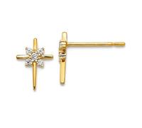 Boucles d'oreilles à tige en or jaune 14 carats avec zircons cubiques polis imitation diamant religieux pour adolescent religieuse croix, 8 x 7 mm de large