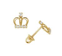 Boucles d'oreilles à tige en or jaune ou blanc massif 14 carats avec petite couronne ronde (6 x 8 mm) - Boucles d'oreilles à tige pour femme, One Size, Zircone cubique Pierre précieuse, Zircone
