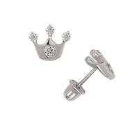 Boucles d'oreilles à tige en or jaune ou blanc massif 14 carats avec petite couronne ronde (6 x 8 mm) - Boucles d'oreilles à tige pour femme, One Size, Zircone cubique Pierre précieuse, Zircone