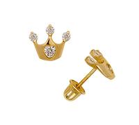 Boucles d'oreilles à tige en or jaune ou blanc massif 14 carats avec petite couronne ronde (6 x 8 mm) - Boucles d'oreilles à tige pour femme, One Size, Zircone cubique Pierre précieuse, Zircone