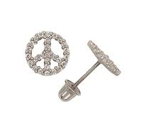 Boucles d'oreilles à tige en or massif 14 carats avec zircone cubique et signe de paix (jaune ou blanc) (7 mm) - Boucles d'oreilles à tige pour femme, One Size, Zircone cubique Pierre précieuse