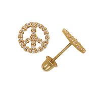 Boucles d'oreilles à tige en or massif 14 carats avec zircone cubique et signe de paix (jaune ou blanc) (7 mm) - Boucles d'oreilles à tige pour femme, One Size, Zircone cubique Pierre précieuse