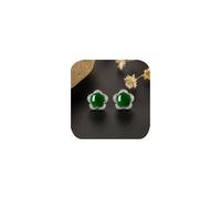 Boucles d'oreilles à tige vintage classiques rondes en argent sterling 925 avec agate verte pour femme - Élégantes fleurs de prunier - Littérature et art - Boucles d'oreilles en calcédoine