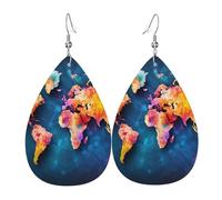 Boucles d'oreilles abstraites en cuir avec motif carte du monde pour femme - Boucles d'oreilles pendantes double face - Légères - Accessoires d'oreilles tendance - Cadeau d'anniversaire