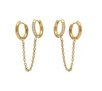 Boucles d'oreilles acier doré de lobe créoles oxydes blancs sertis avec chaînette + écrin (offert)