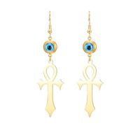 Boucles d'oreilles Ankh Cross Clé de vie Boucles d'oreilles œil maléfique Cartouche Afrique Copte Amulette de protection Bijoux religieux égyptiens anciens Cadeau pour femmes (Or)