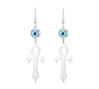 Boucles d'oreilles Ankh Cross Clé de vie Boucles d'oreilles œil maléfique Cartouche Afrique Copte Amulette de protection Bijoux religieux égyptiens anciens Cadeau pour femmes (Argent)
