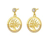 Boucles d'Oreilles Arbre de Vie Femme Plaqué Or 18K - Zirconium Scintillant - Symbole de Famille et Protection - Diamètre 14mm -