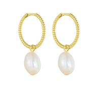 Boucles d'oreilles Au375 en or jaune avec perle ovale, pendentif en spirale et cercle, Or jaune, Perle de nacre