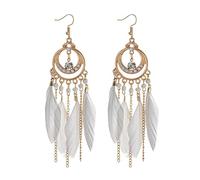 Boucles d'oreilles Bohème Vintage Longues Plumes Blanches pour Femmes Tempérament Ethnique Couleur Or Chaîne Gland Boucles d'oreilles Boho Bijoux De Mariage