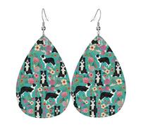 Boucles d'oreilles Border Collie Florals en cuir pour femme avec impression goutte d'eau - Légères - À porter au quotidien - Pour fête, rendez-vous, taille unique, Cuir
