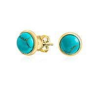 Boucles d'oreilles bouton dôme rond serti de turquoise bleu simple comprimé pour femmes en argent sterling plaqué or 14K.