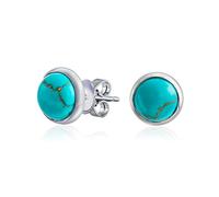 Boucles d'oreilles bouton dôme rond serti de turquoise bleue compressée simple pour femmes en argent sterling .925