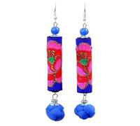 Boucles d'oreilles chinoises, ornements créatifs, Le style ethnique comprend des boucles d'oreilles longues for dames Joker exagérées avec broderie cylindrique en argent.(Blue)