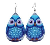 Boucles d'oreilles chouette bleue pour femme - Boucles d'oreilles pendantes en cuir - Double face - Légères - Accessoires d'oreille pour femme - Bijoux tendance - Cadeau d'anniversaire
