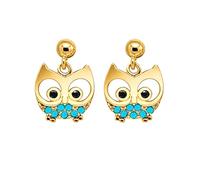 Boucles d'Oreilles Chouette Femme & Fille Plaqué Or 18 Carats - Puces d'Oreilles Hibou Serties d'Oxydes de Zirconium Bleu Saphir - Bijoux Poinçonnés - Cadeau Anniversaire Noël Sagesse