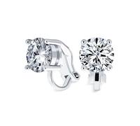 Boucles D'Oreilles Clip-On En Laiton Plaqué Argent Avec Zircone Cubique CZ Ronde Solitaire Taillée En Brillant 2CT Pour Femmes Sans Perçage