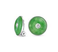 Boucles D'Oreilles Clip Pour Femmes En Argent Sterling Avec Disque Rond, Cz Et Jade Teint En Vert