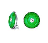 Boucles D'Oreilles Clip Pour Femmes En Argent Sterling Avec Disque Rond, Cz Et Jade Teint En Vert