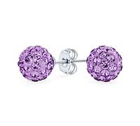 Boucles D'Oreilles Clous Boule Disco En Cristal Pavé Lavande Violet Clair Pour Femmes - Rondes Design Simple Et Basique - Argent Sterling .925-8MM