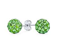 Boucles D'Oreilles Clous Boule Disco En Cristal Pavé Vert Citron Clair Pour Femmes Et Adolescentes - Rondes Simples Design Basique - Argent Sterling .925-8MM
