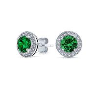 Boucles d'oreilles clous en argent sterling .925 avec halo solitaire rond de 2CT en zircon cubique vert simulé émeraude pour femmes.
