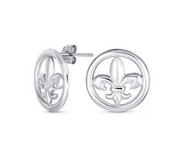 Boucles D'Oreilles Clous En Argent Sterling .925 Légères Pour Femmes Hommes Adolescents Avec Symbole Ancien Fleur De Lys Cercle Disque