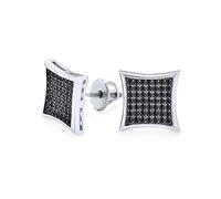 Boucles D'Oreilles Clous En Forme De Cerf-Volant Carré Noir CZ Micro Pavé Zircon Cubique Pour Femmes En Argent .925 Avec Fermoir À Vis 11MM
