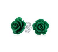 Boucles D'Oreilles Clous En Forme De Rose Verte Foncée Sculptée En 3D Florale Délicate Romantique Pour Femmes Adolescentes Pour Mère Plaquées Argent