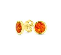 Boucles D'Oreilles Clous En Opale De Feu Orange Créée Simple Classique Iridescente Sertissage À Griffes Cercle Plat Rond S Plaqué Or 14K Argent Sterling .925 Petite 5Mm Pierre De Naissance D'Octobre.
