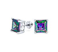 Boucles D'Oreilles Clous En Zircon Cubique Coupe Princesse Arc-En-Ciel Mystique Noir Carré En Argent Sterling .925 Avec Fermoir À Vis 8MM