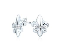 Boucles D'Oreilles Clous Fleur De Lis Avec Accent CZ Pavé Symbole Ancien Spirituel Fleur De Lys Pour Femmes Et Hommes Légères En Argent Sterling .925 Avec Accent Cz