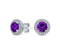 Boucles d'oreilles clous halo solitaire rond en zircon cubique violet simulé améthyste pour femmes en argent sterling .925 8MM