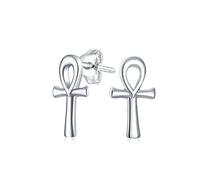 Boucles D'Oreilles Minimaliste Petite Et Délicate Croix Ankh Égyptienne Pour Les Femmes Et Les Hommes En Argent Sterling Poli.