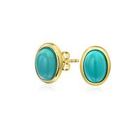 Boucles d'oreilles clous ovales en forme de dôme avec cabochon en ambre turquoise bleu stabilisé classique traditionnel pour femmes, plaqué or 14K en argent sterling .925