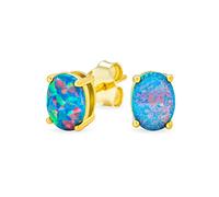 Boucles D'Oreilles Clous Ovales En Opale Créée Avec Une Pierre Précieuse D'Opulence Noire Et Bleue Plaquées Or Jaune 14 Carats Sur Argent Sterling .925 Pierre De Naissance D'Octobre De 7 MM